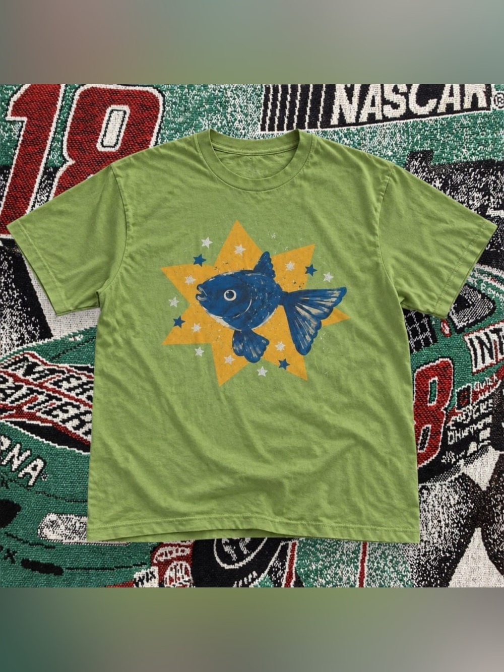 Gildan Green Tee with Blue Fish & Yellow Starburst